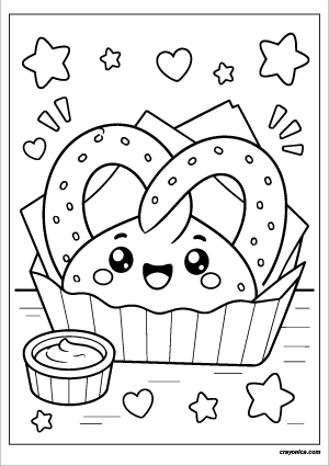 Cute pretzel coloring page featuring a smiling soft pretzel with bold outlines for kids.