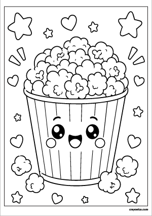 Cute popcorn coloring page featuring smiling popcorn in a striped popcorn bucket with bold outlines for kids.