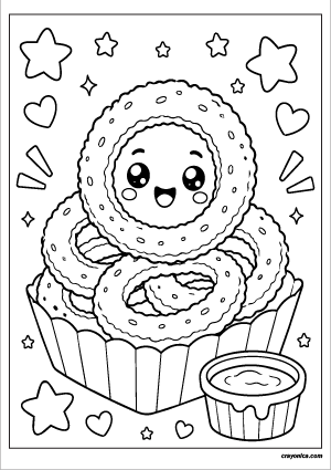 Cute onion rings coloring page featuring smiling crispy onion rings in a serving basket with bold outlines for kids.