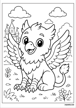 Cute Griffin Coloring Page with a smiling baby griffin sitting happily and ready to color.