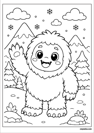 Cute Yeti Coloring Page featuring a smiling fluffy baby yeti standing in a snowy mountain scene.