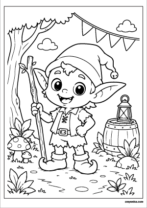 Little Goblin Coloring Page featuring a smiling baby goblin with pointy ears and a friendly expression.