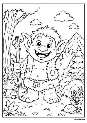 Friendly Troll Coloring Page featuring a smiling fluffy troll standing happily in a magical forest.