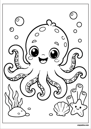 Baby Kraken Coloring Page featuring a smiling baby kraken with cute tentacles under the sea.