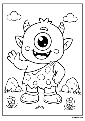 Cute Cyclops Coloring Page featuring a smiling one-eyed fantasy character with tiny horns and a cheerful expression.
