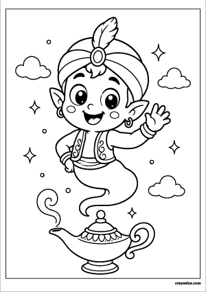 Little Genie Coloring Page featuring a smiling baby genie floating above a magical lamp with a cheerful expression.