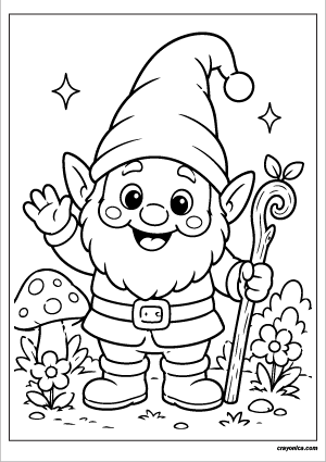 Magic Gnome Coloring Page featuring a smiling little gnome with a tall hat in an enchanted garden.