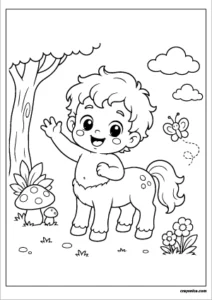 Baby Centaur Coloring Page featuring a smiling baby centaur with curly hair and a playful pose in a magical meadow.