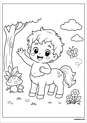 Baby Centaur Coloring Page featuring a smiling baby centaur with curly hair and a playful pose in a magical meadow.
