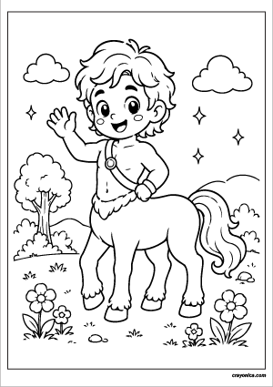 Cute Centaur Coloring Page featuring a smiling centaur with fluffy hair standing in a magical meadow.