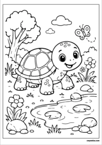 Cute Turtle Coloring Page featuring a smiling turtle walking beside a peaceful pond with flowers, grass, rocks, and simple trees.