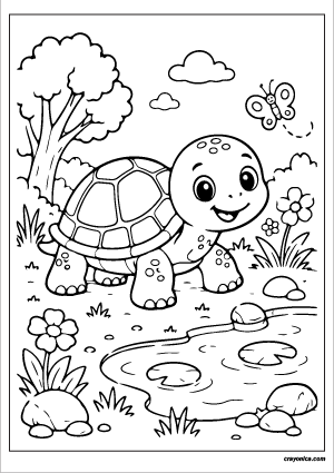 Cute Turtle Coloring Page featuring a smiling turtle walking beside a peaceful pond with flowers, grass, rocks, and simple trees.