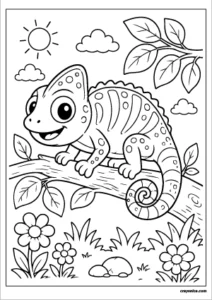 Cute Chameleon Coloring Page featuring a smiling chameleon sitting on a tree branch surrounded by simple leaves and flowers.