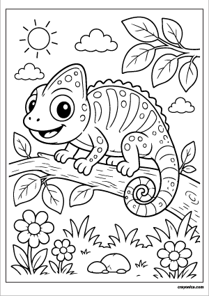 Cute Chameleon Coloring Page featuring a smiling chameleon sitting on a tree branch surrounded by simple leaves and flowers.