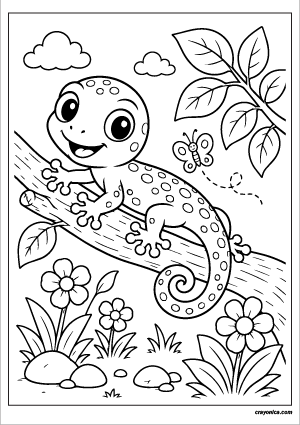 Cute Gecko Coloring Page featuring a smiling gecko climbing on a tree branch surrounded by leaves, flowers, and simple nature elements.