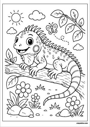 Cute Iguana Coloring Page featuring a smiling iguana sitting on a tree branch with simple leaves, flowers, and a nature background.