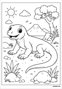 Cute Komodo Dragon Coloring Page featuring a smiling Komodo dragon walking across a simple island landscape with rocks, grass, and a small tree.