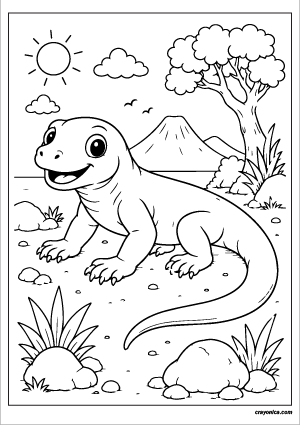 Cute Komodo Dragon Coloring Page featuring a smiling Komodo dragon walking across a simple island landscape with rocks, grass, and a small tree.