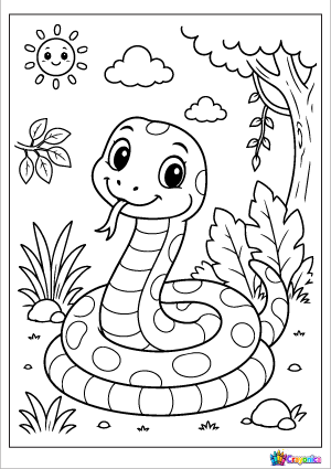 Cute Snake Coloring Page featuring a smiling snake coiled on the grass with simple jungle plants, rocks, and a tree.