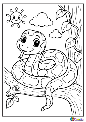 Cute Python Coloring Page featuring a smiling python coiled on a tree branch with simple jungle leaves, rocks, and grass.