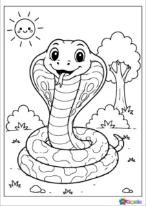 Cute Cobra Coloring Page featuring a smiling cobra with an open hood in a simple jungle setting with grass, rocks, and a small tree.