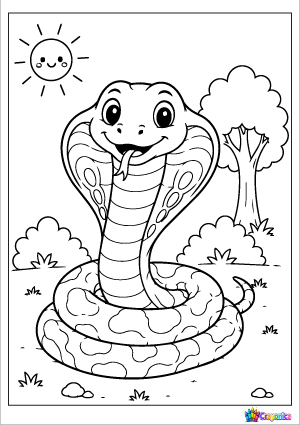 Cute Cobra Coloring Page featuring a smiling cobra with an open hood in a simple jungle setting with grass, rocks, and a small tree.