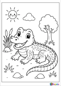 Cute Crocodile Coloring Page featuring a smiling crocodile sitting beside a river with simple grass, rocks, cattails, and a tree.