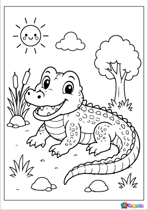 Cute Crocodile Coloring Page featuring a smiling crocodile sitting beside a river with simple grass, rocks, cattails, and a tree.