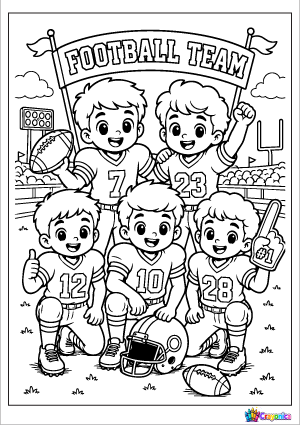 Cute football team posing together in a bold outline coloring page for kids.