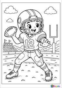 Young quarterback preparing to throw a football in a bold outline coloring page for kids.