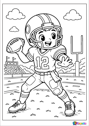 Young quarterback preparing to throw a football in a bold outline coloring page for kids.
