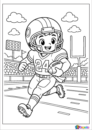 Running back sprinting with a football in a bold outline coloring page for kids.