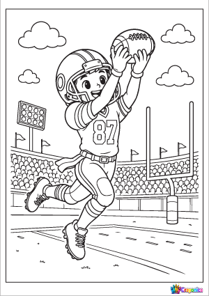 Wide receiver jumping to catch a football in a bold outline coloring page for kids.