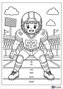 Linebacker in a defensive stance in a bold outline coloring page for kids.