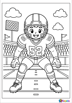 Linebacker in a defensive stance in a bold outline coloring page for kids.