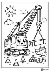 Cute smiling construction crane lifting a heavy beam in a bold outline coloring page for kids.