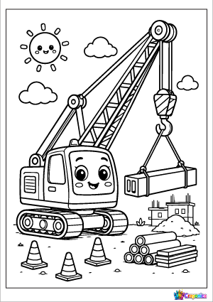 Cute smiling construction crane lifting a heavy beam in a bold outline coloring page for kids.