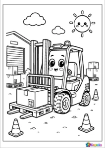 Cute smiling forklift carrying a pallet in a bold outline coloring page for kids.