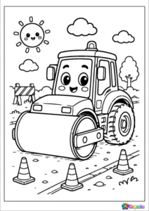 Cute smiling road roller paving a road in a bold outline coloring page for kids.