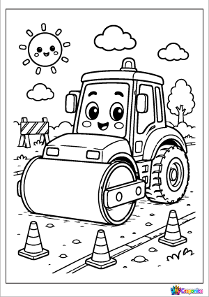 Cute smiling road roller paving a road in a bold outline coloring page for kids.