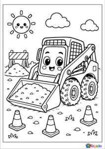 Cute smiling skid steer loader carrying dirt in a bold outline coloring page for kids.