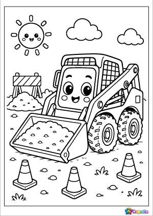 Cute smiling skid steer loader carrying dirt in a bold outline coloring page for kids.