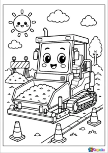 Cute smiling asphalt paver laying fresh pavement in a bold outline coloring page for kids.