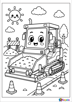 Cute smiling asphalt paver laying fresh pavement in a bold outline coloring page for kids.